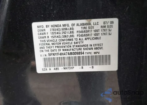 2010 Honda Pilot Ex from USA, damaged, VIN 5FNYF4H47AB009894